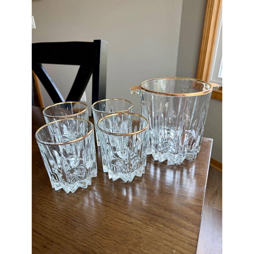 Vintage Italian Gold Rimmed Glass Barware Set 4 Rocks Glasses and Ice Bucket